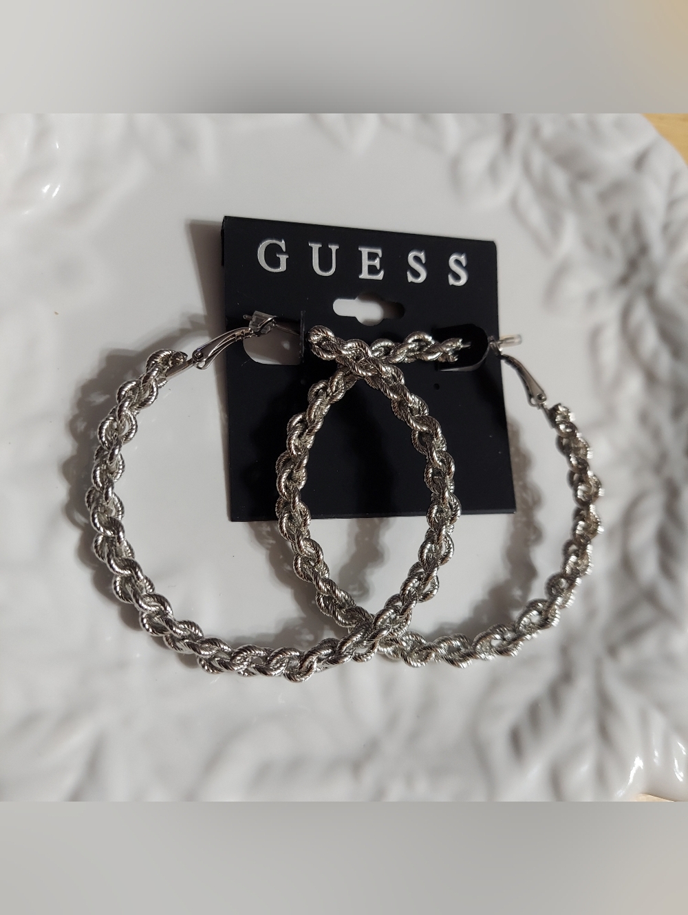 Guess Textured Silver Tone/Textured Chain Diamond Cut Large Link Hoop Earrings